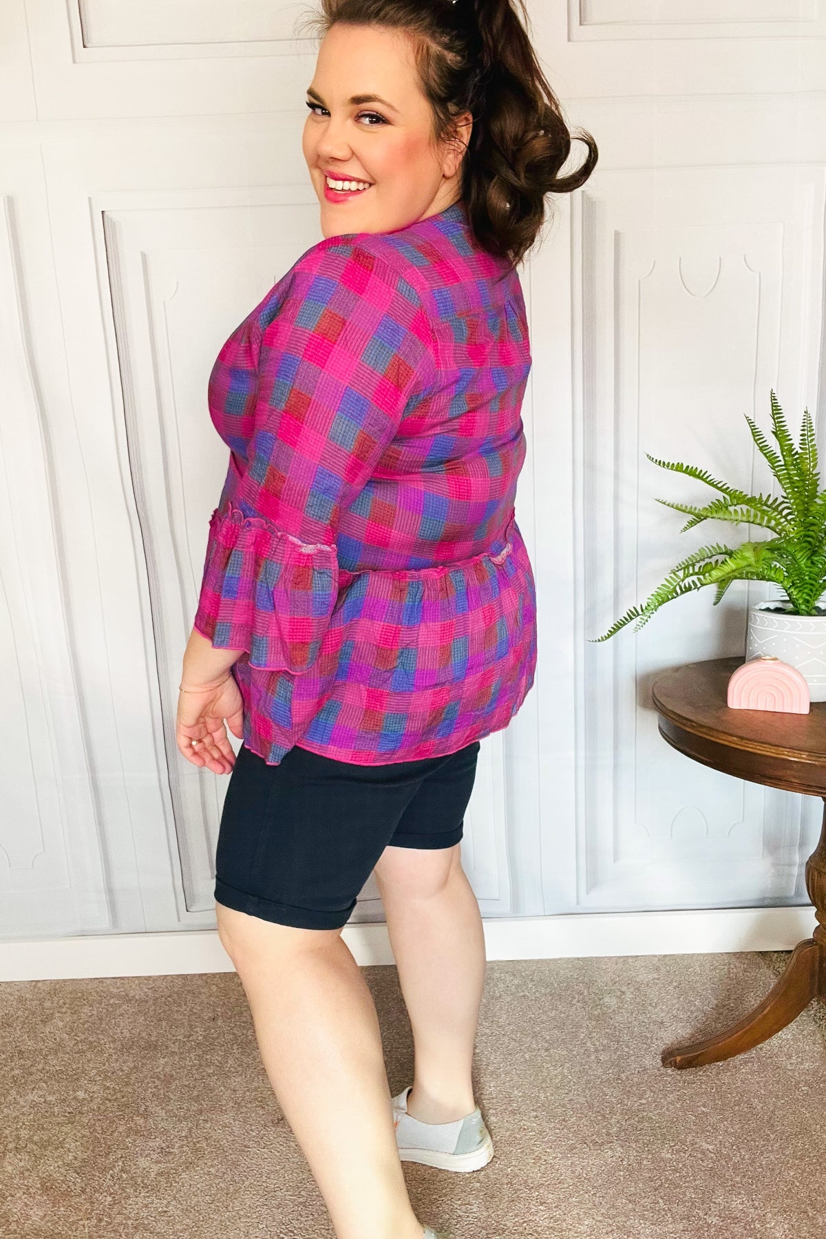 Fuchsia Plaid Notched Neck Babydoll Top