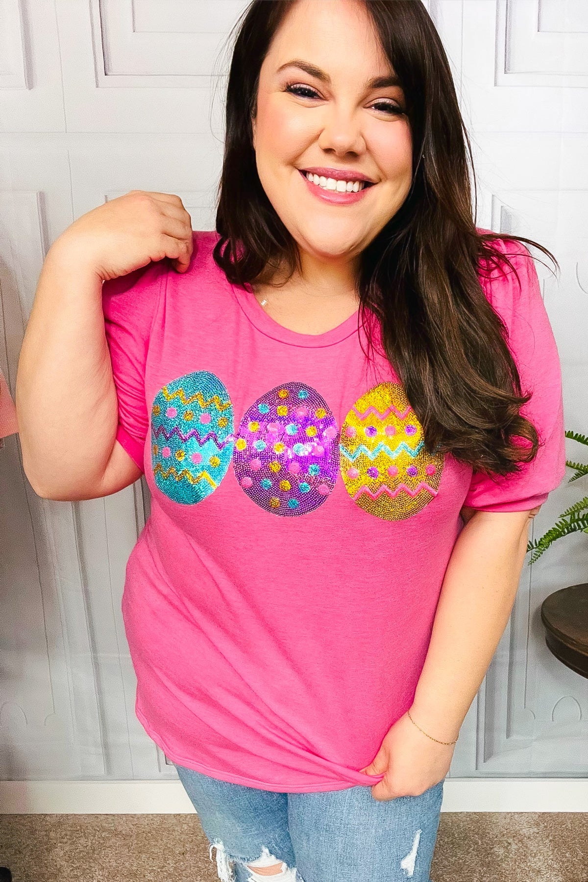 Hot Pink Sequin Easter Egg Terry Top