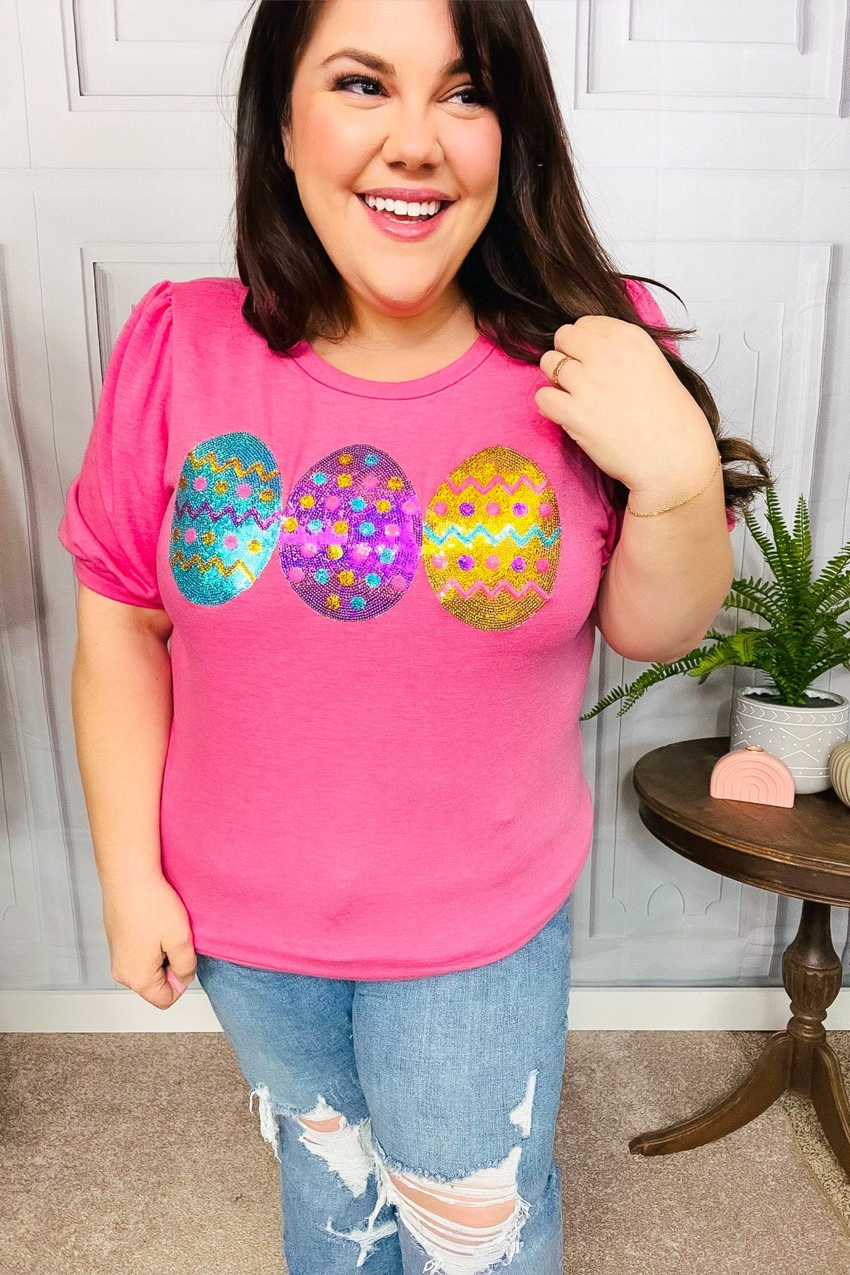 Hot Pink Sequin Easter Egg Terry Top