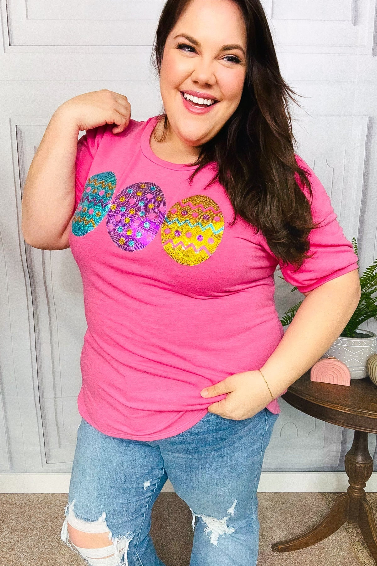 Hot Pink Sequin Easter Egg Terry Top