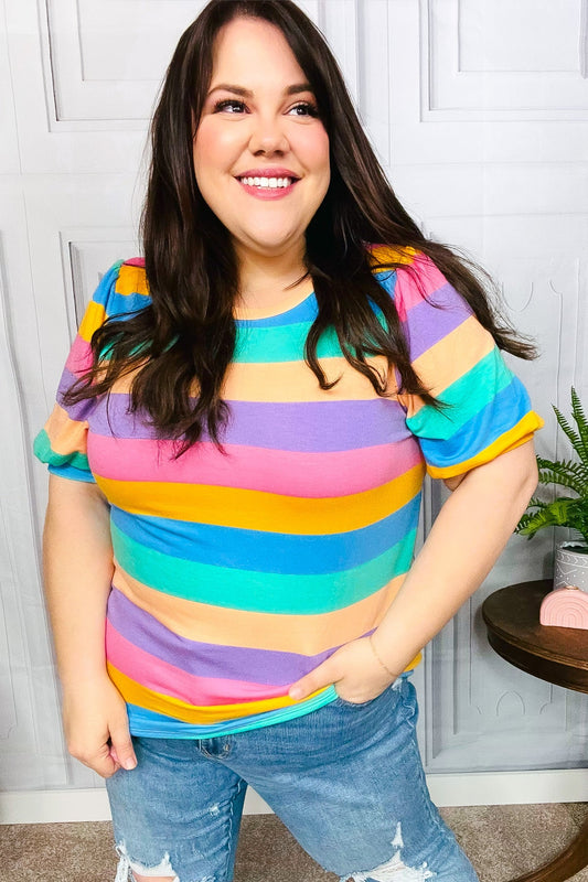 Multicolor Stripe Bubble Sleeve Terry Top