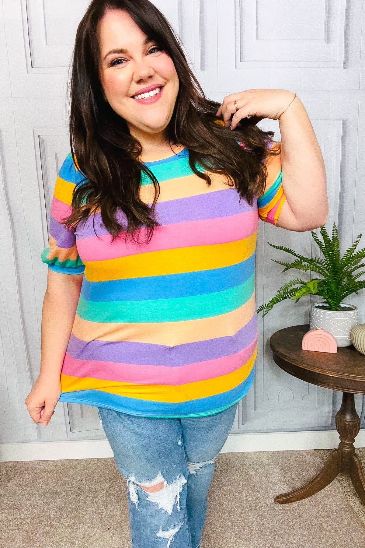 Multicolor Stripe Bubble Sleeve Terry Top