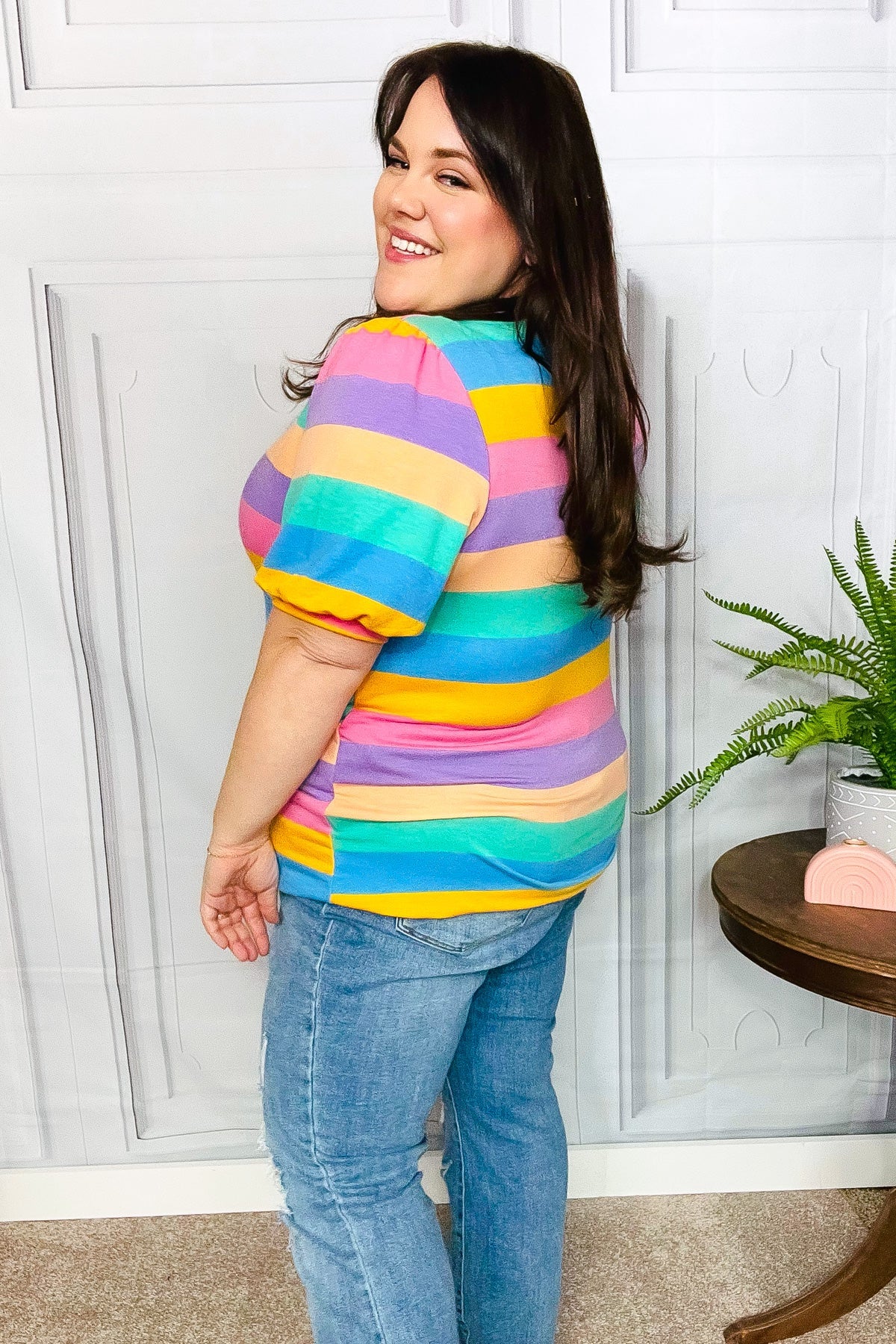 Multicolor Stripe Bubble Sleeve Terry Top