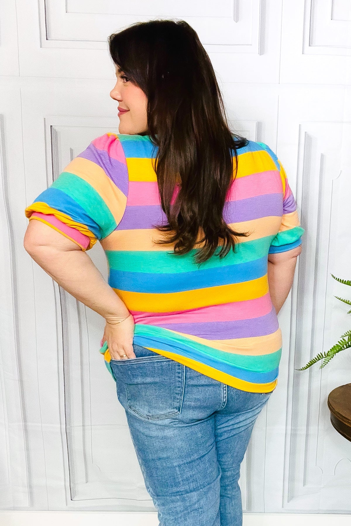 Multicolor Stripe Bubble Sleeve Terry Top