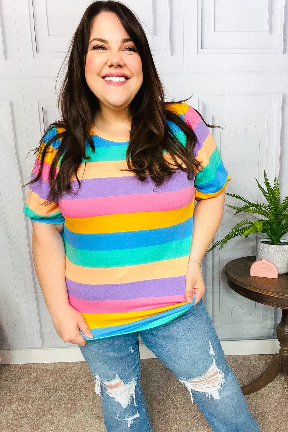 Multicolor Stripe Bubble Sleeve Terry Top