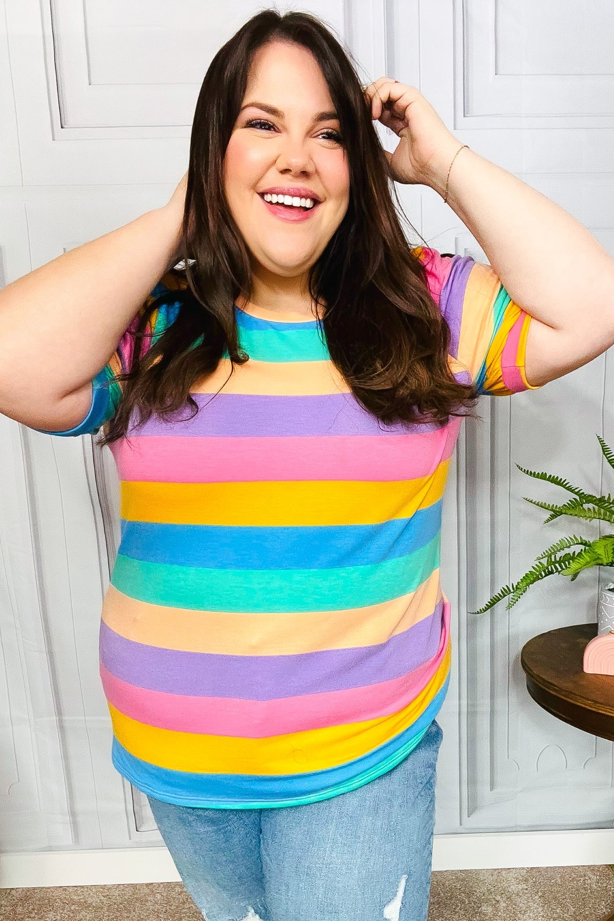 Multicolor Stripe Bubble Sleeve Terry Top