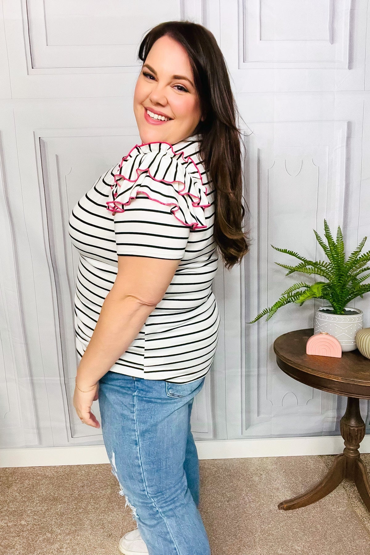 Ivory & Pink Merrow Stitch Ruffle Sleeve Stripe Top