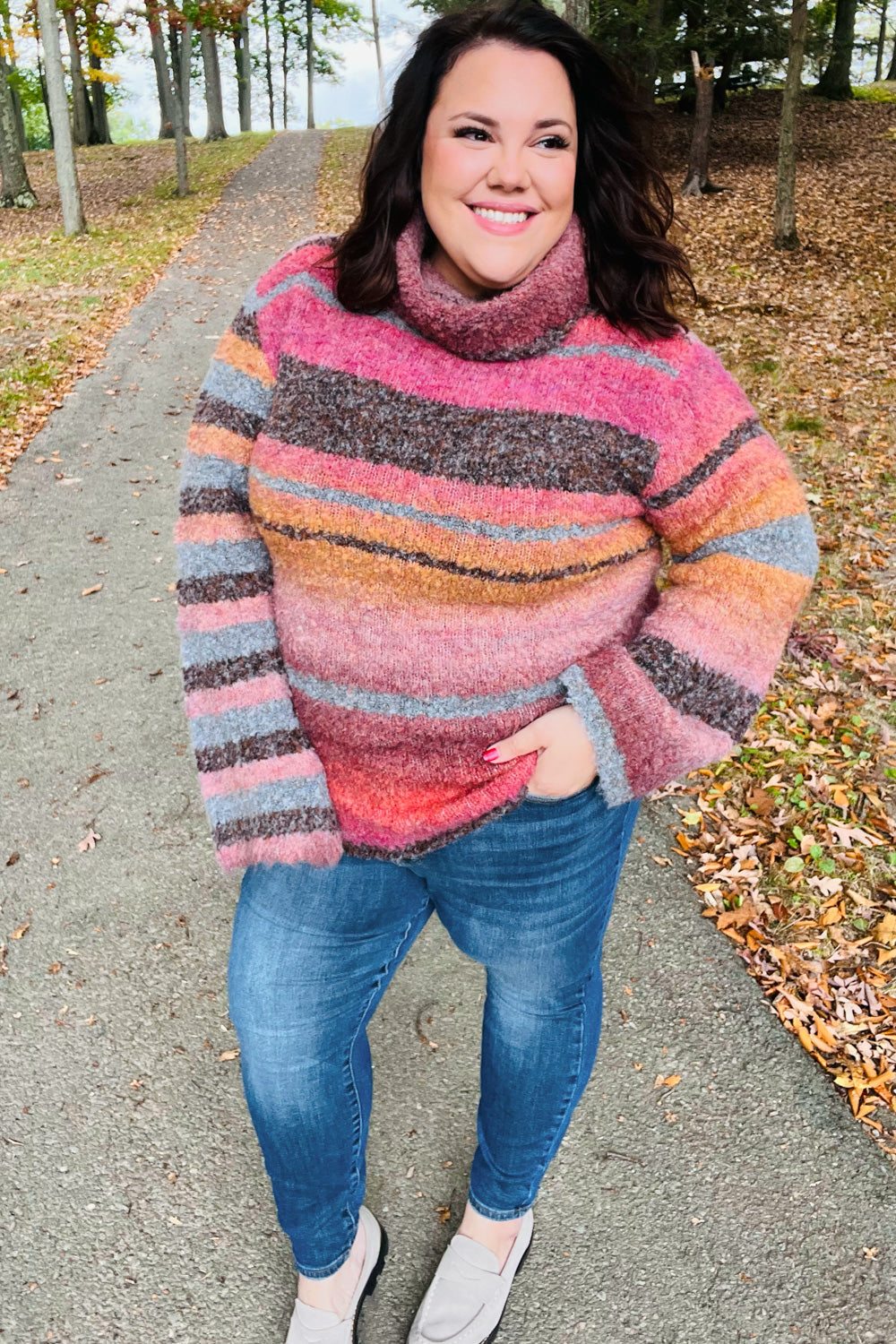 Rust & Mustard Stripe Boucle Turtleneck Sweater