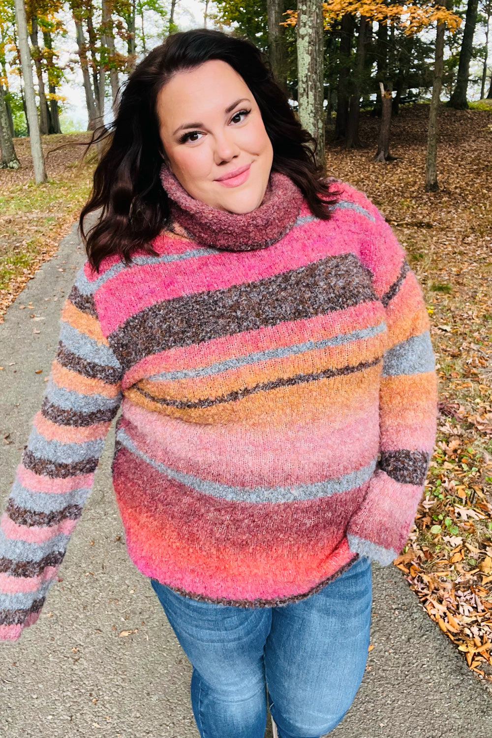 Rust & Mustard Stripe Boucle Turtleneck Sweater