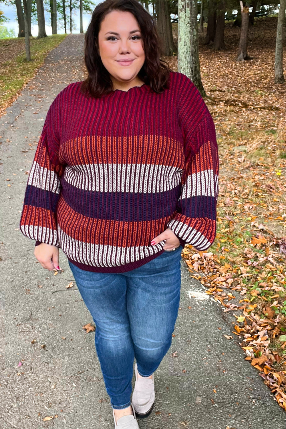 Burgundy & Navy Stripe Oversized Sweater