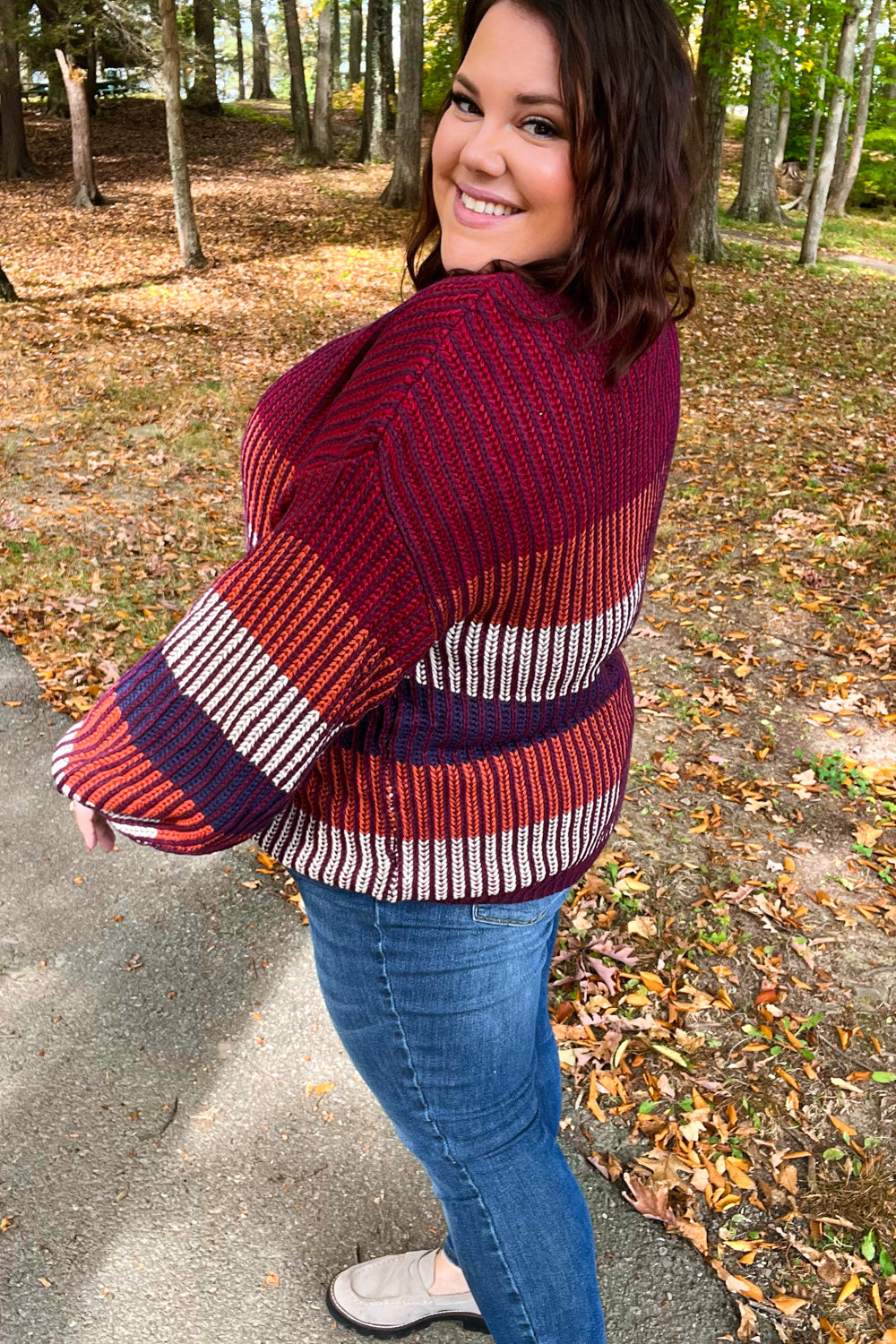 Burgundy & Navy Stripe Oversized Sweater