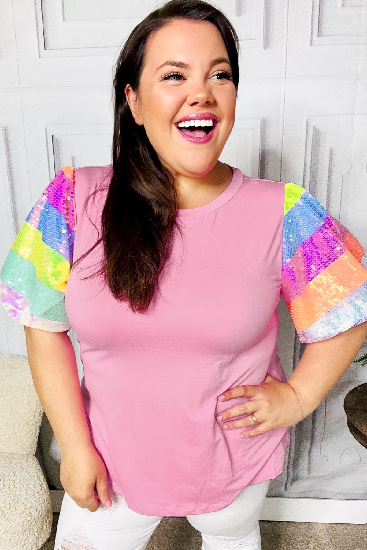 Pink Rainbow Sequin Puff Sleeve Top