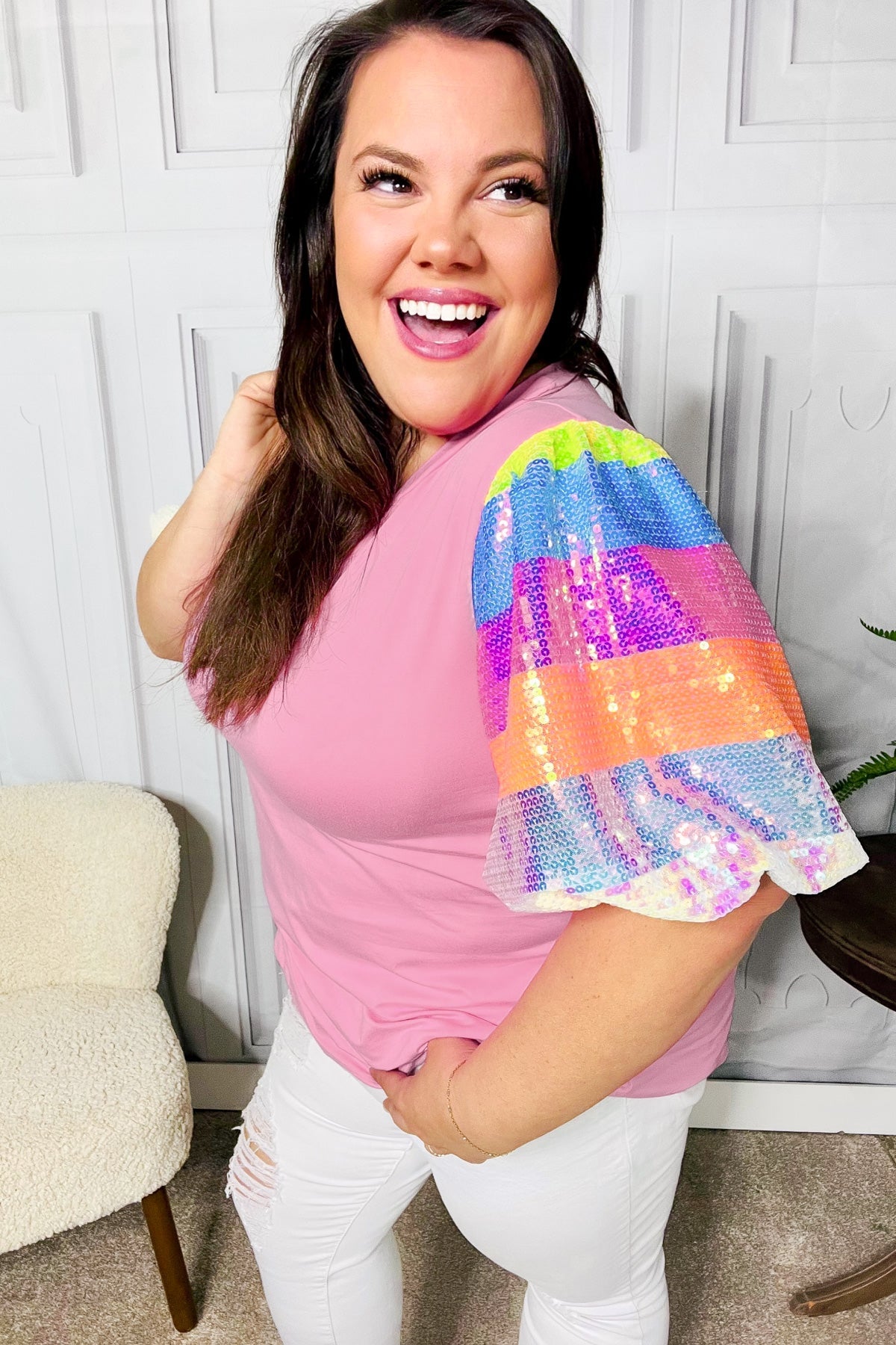 Pink Rainbow Sequin Puff Sleeve Top