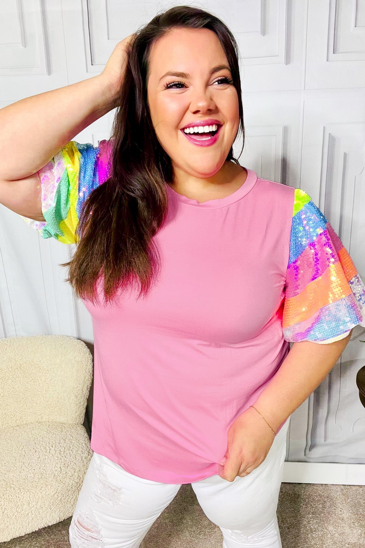 Pink Rainbow Sequin Puff Sleeve Top