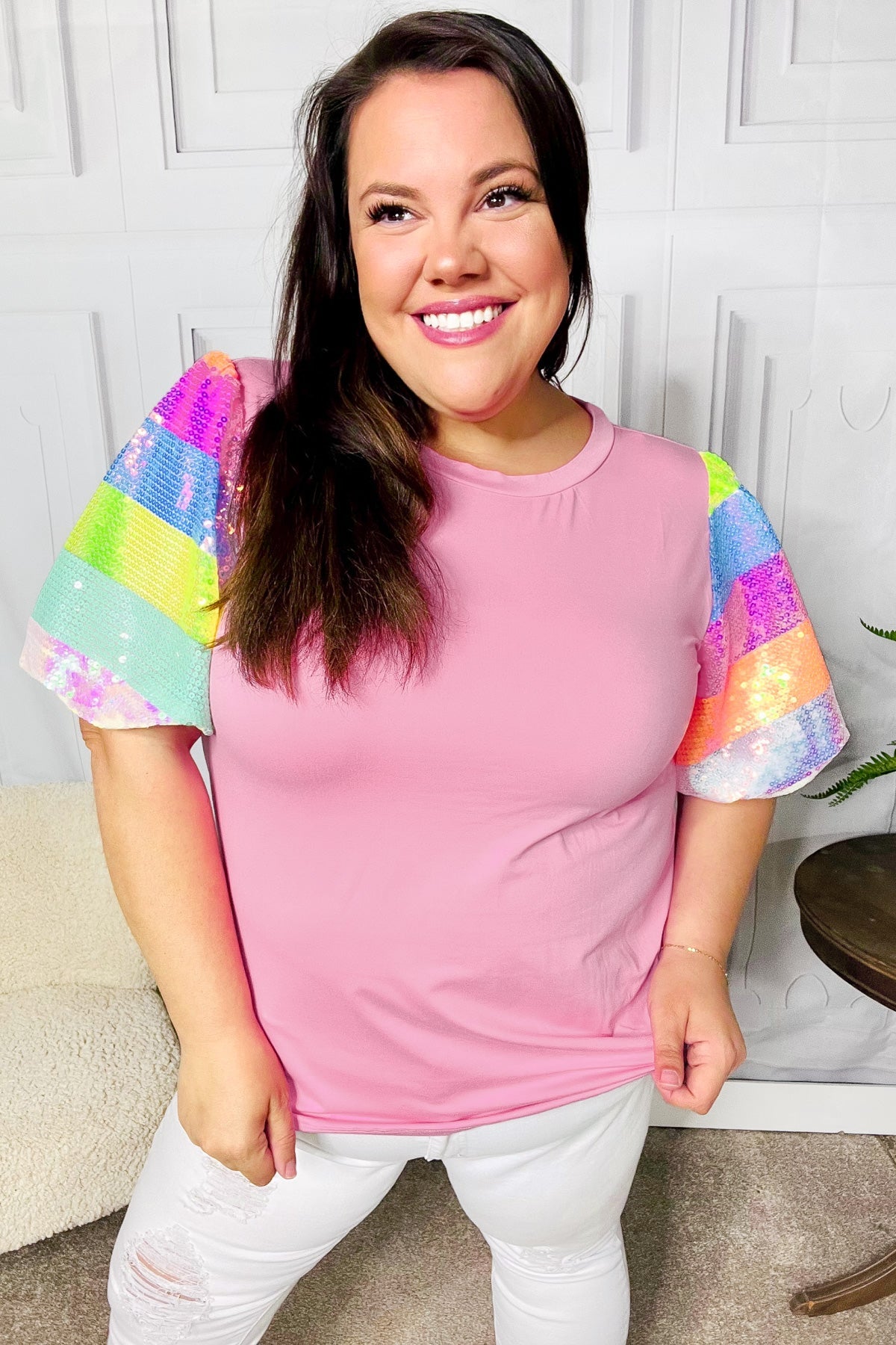 Pink Rainbow Sequin Puff Sleeve Top