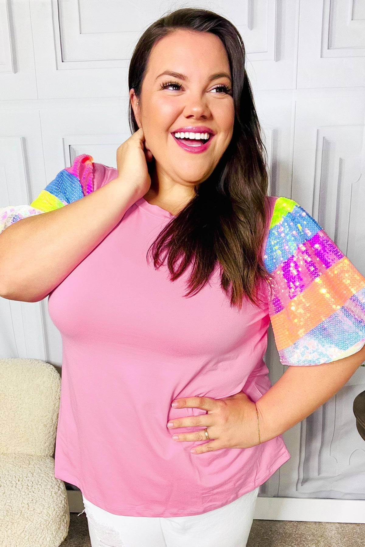 Pink Rainbow Sequin Puff Sleeve Top