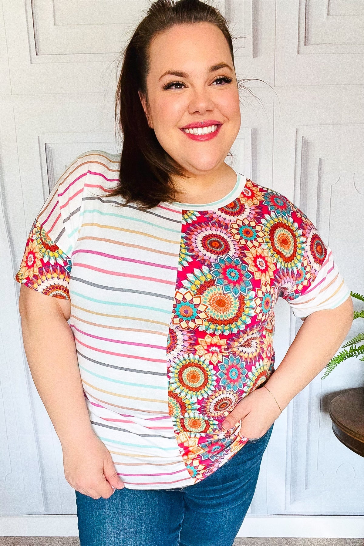 Ivory & Fuchsia Stripe and Crochet Print Top