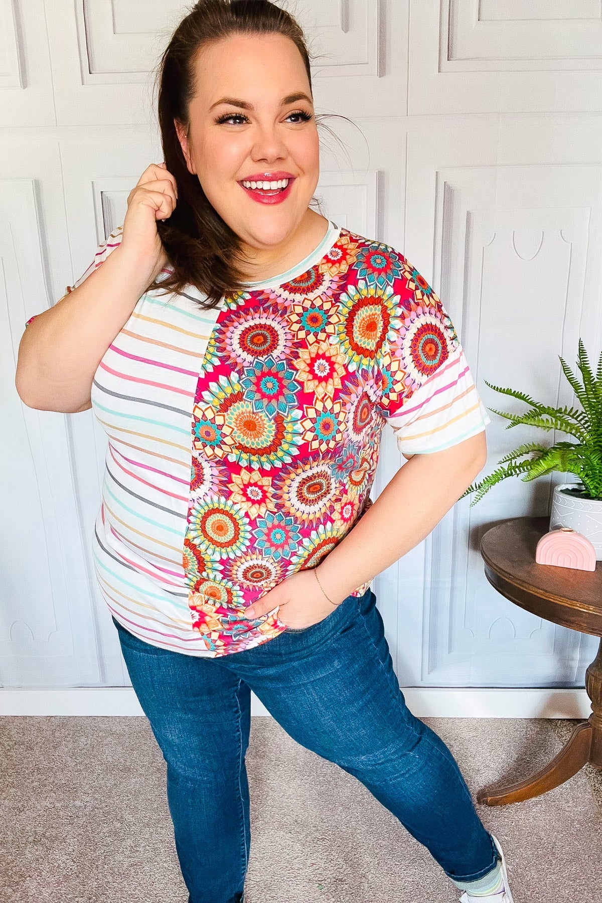 Ivory & Fuchsia Stripe and Crochet Print Top