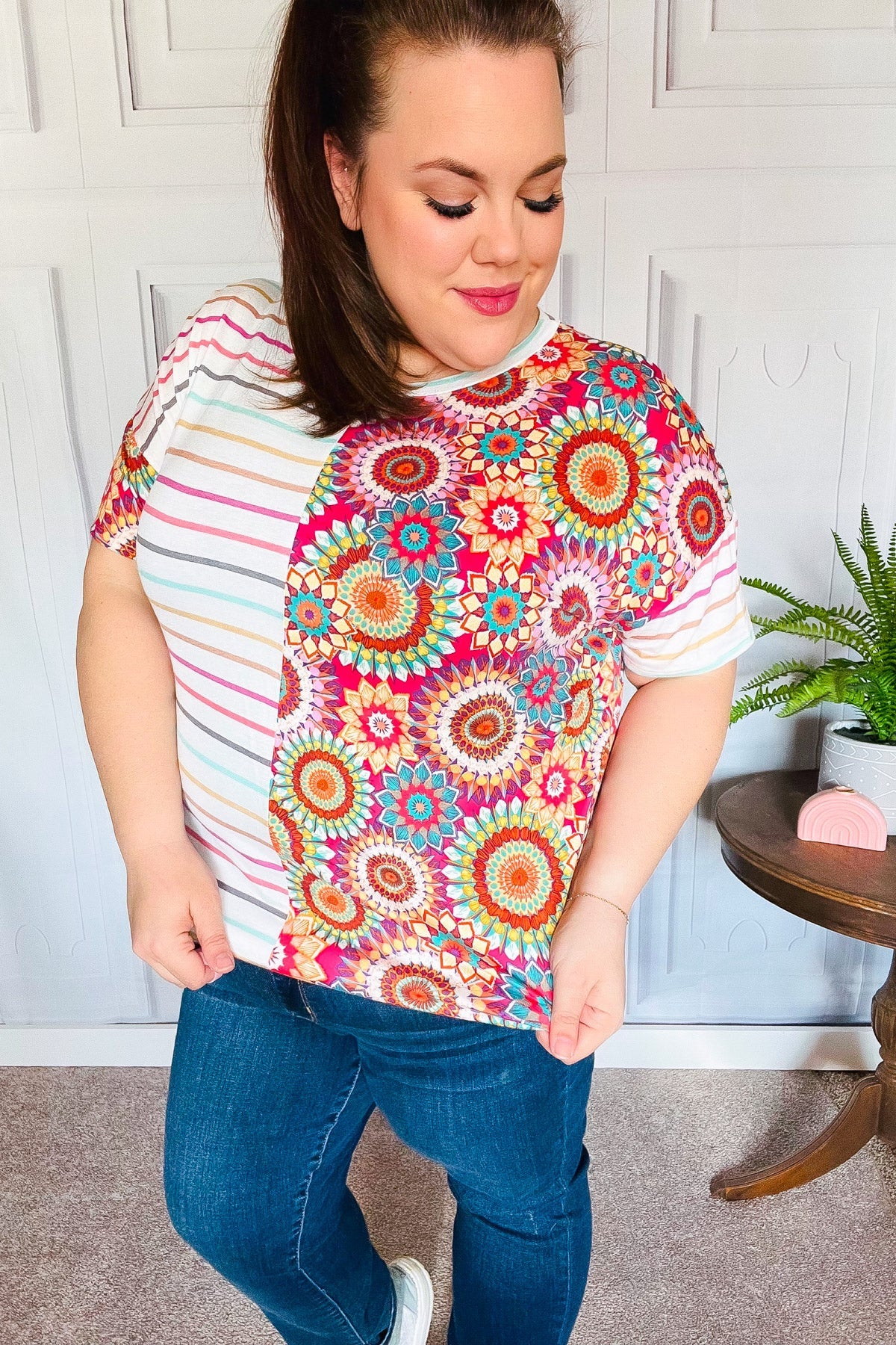 Ivory & Fuchsia Stripe and Crochet Print Top