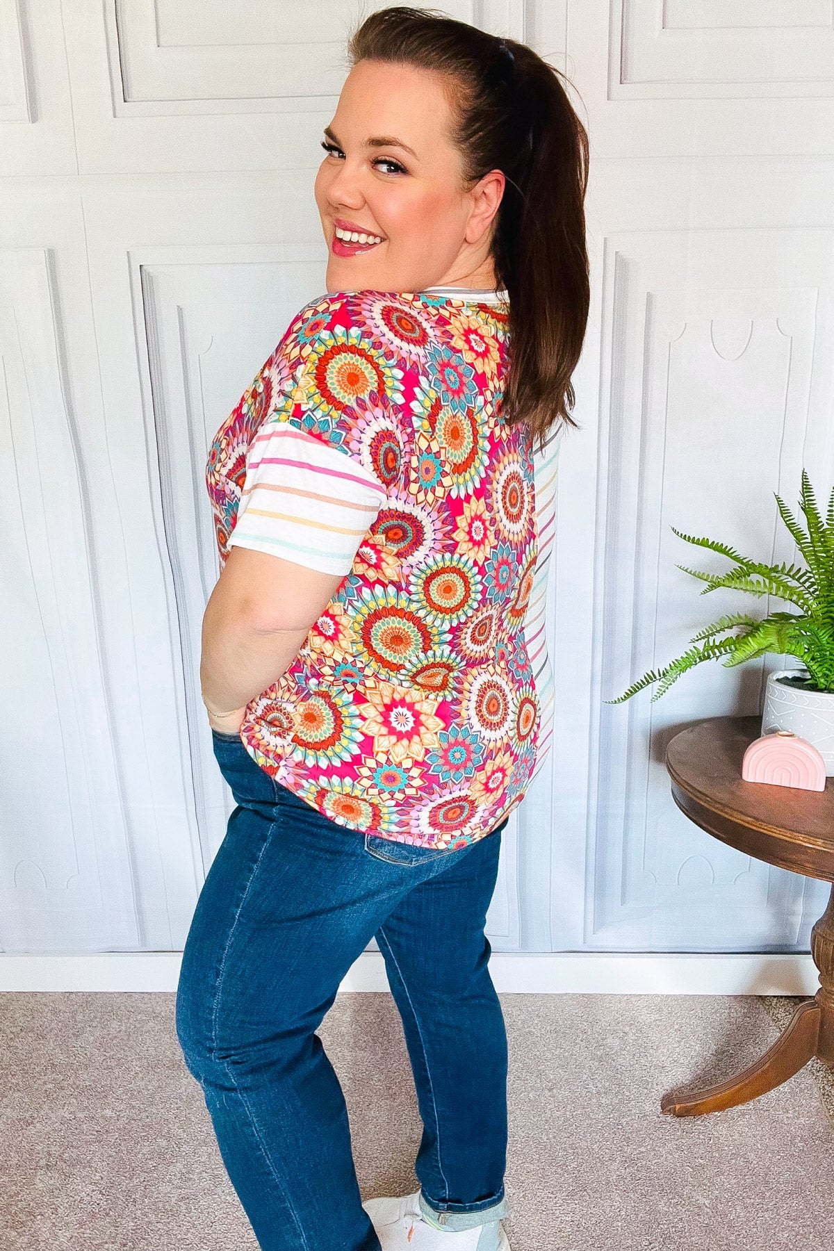 Ivory & Fuchsia Stripe and Crochet Print Top