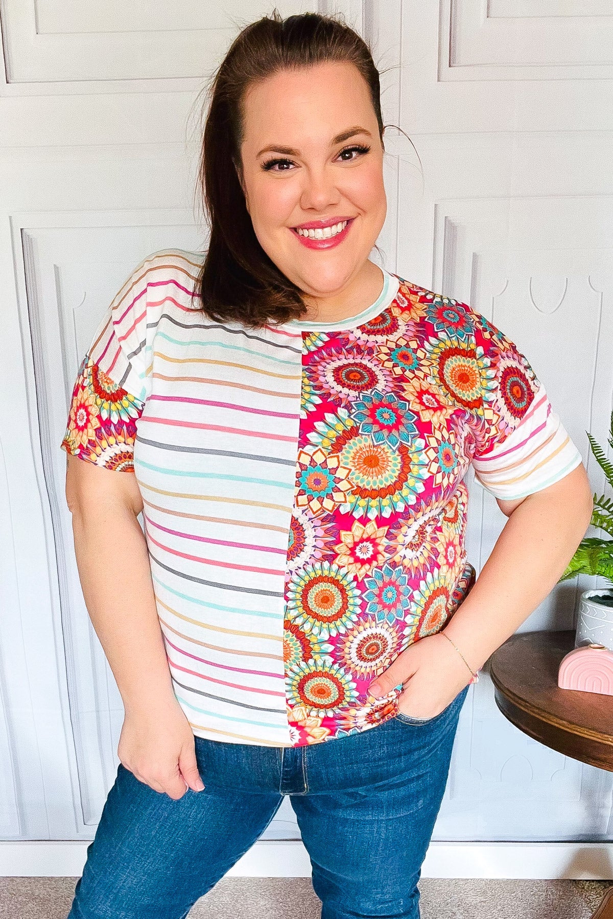 Ivory & Fuchsia Stripe and Crochet Print Top