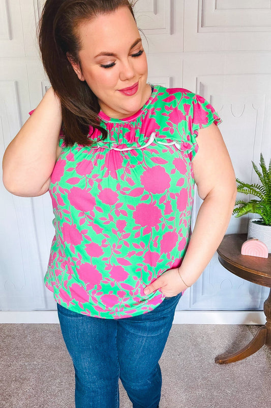 Green Fuchsia Floral Ruffle Short Sleeve Yoke Top