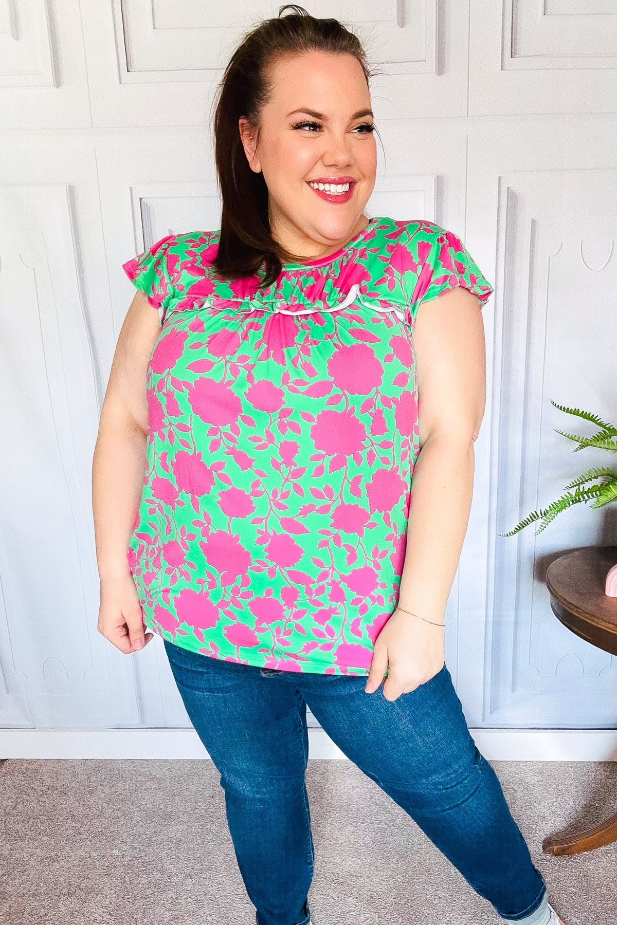 Green Fuchsia Floral Ruffle Short Sleeve Yoke Top