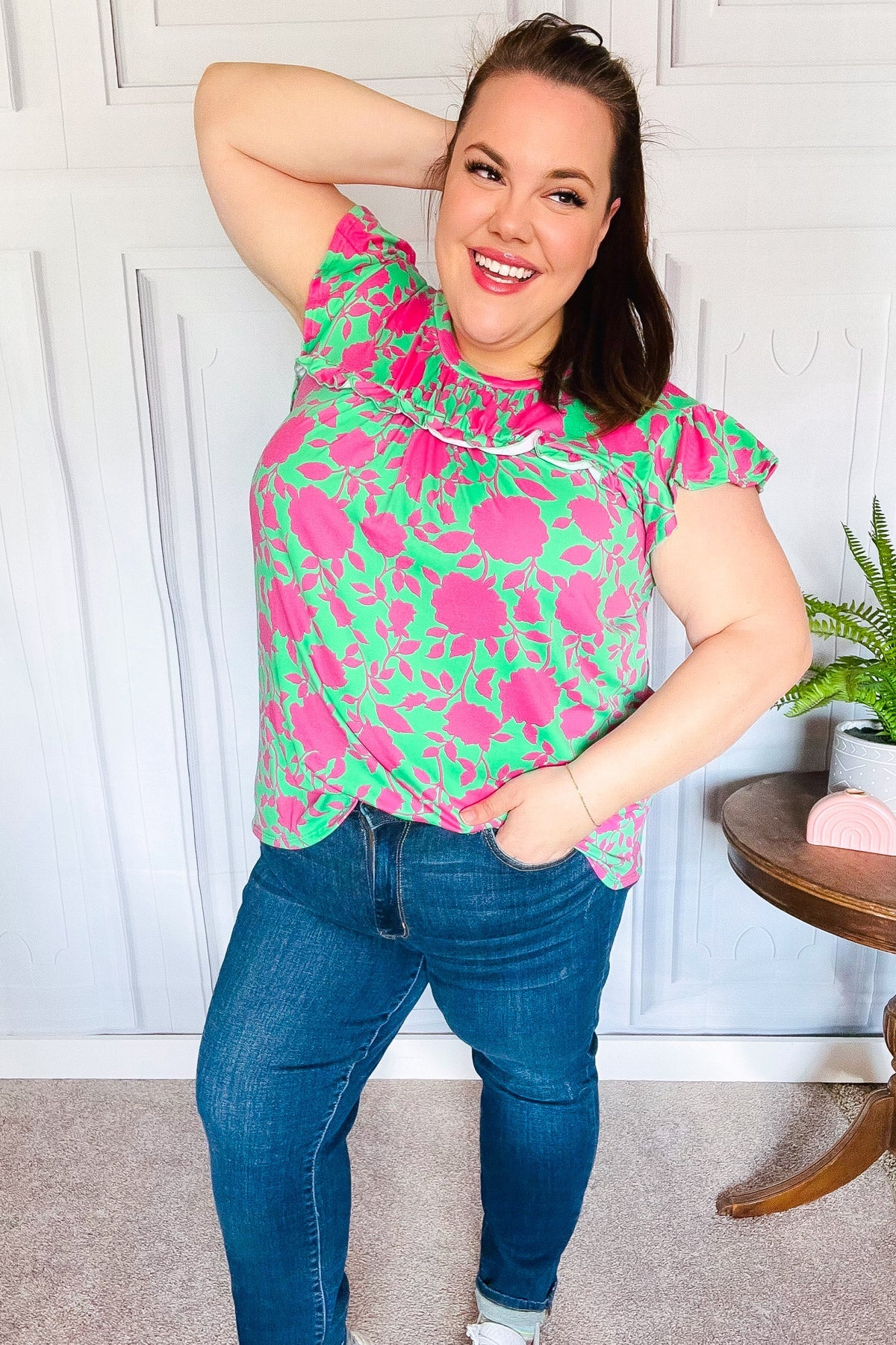 Green Fuchsia Floral Ruffle Short Sleeve Yoke Top