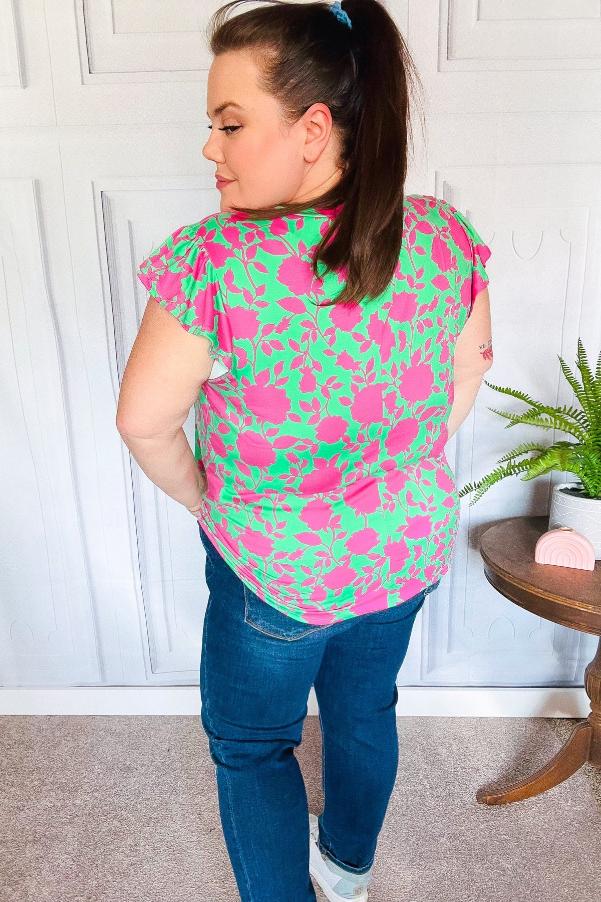 Green Fuchsia Floral Ruffle Short Sleeve Yoke Top