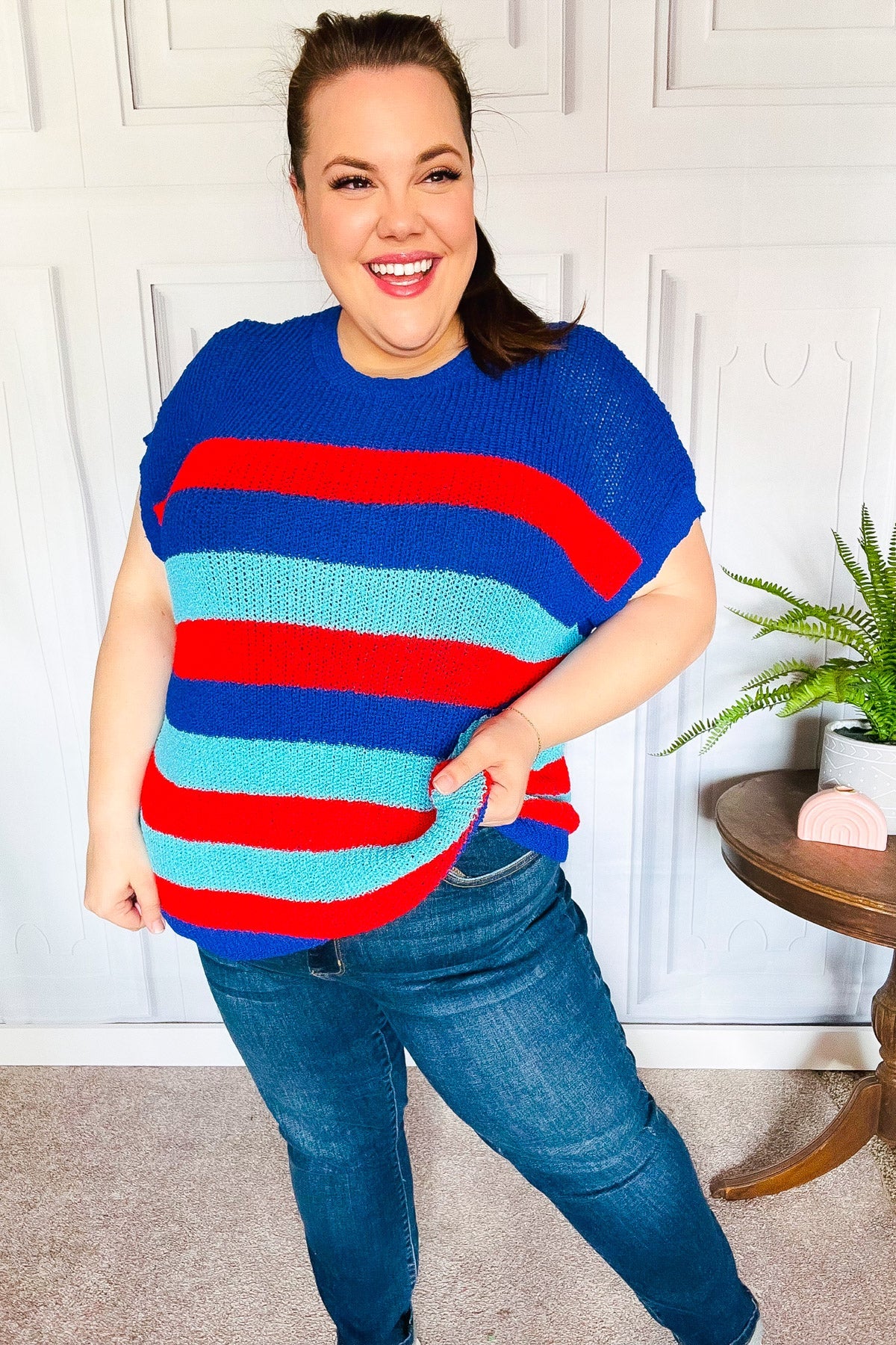 Royal Blue Stripe Short Sleeve Dolman Sweater