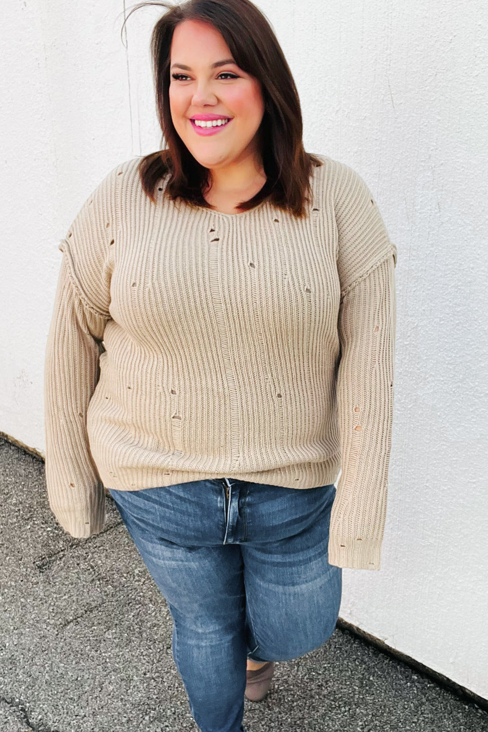 Taupe Distressed V Neck Sweater