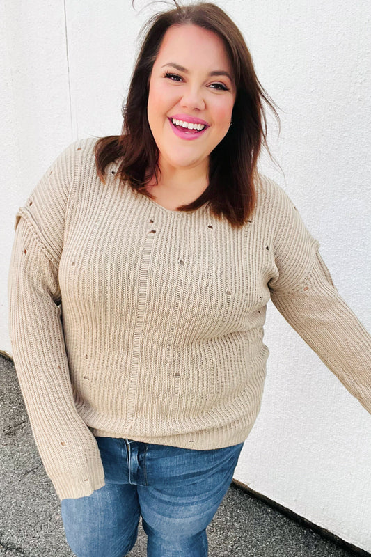 Taupe Distressed V Neck Sweater