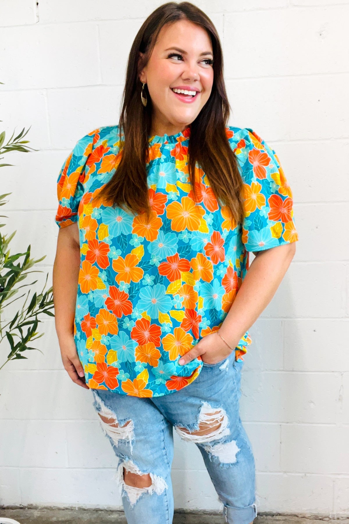 Blue & Orange Floral Frill Mock Neck Top