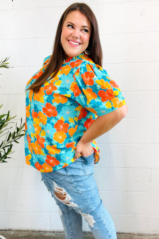 Blue & Orange Floral Frill Mock Neck Top