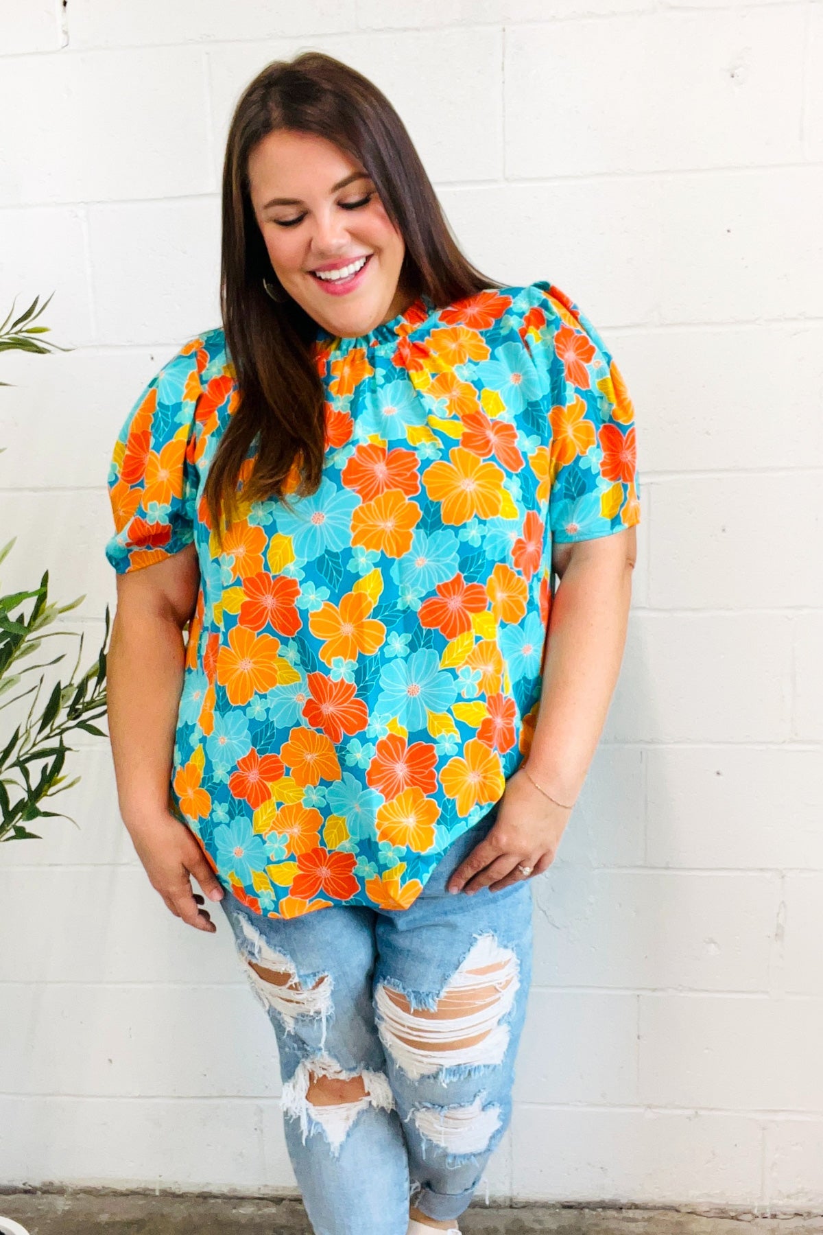 Blue & Orange Floral Frill Mock Neck Top