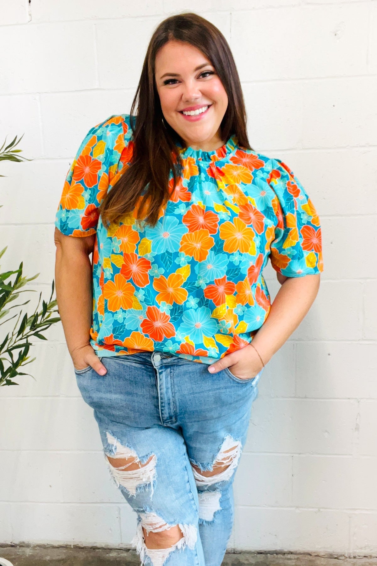 Blue & Orange Floral Frill Mock Neck Top