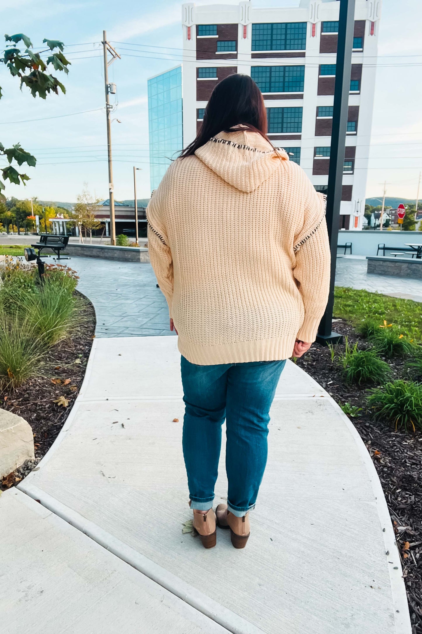 Oatmeal Contrast Stitch Hoodie Sweater