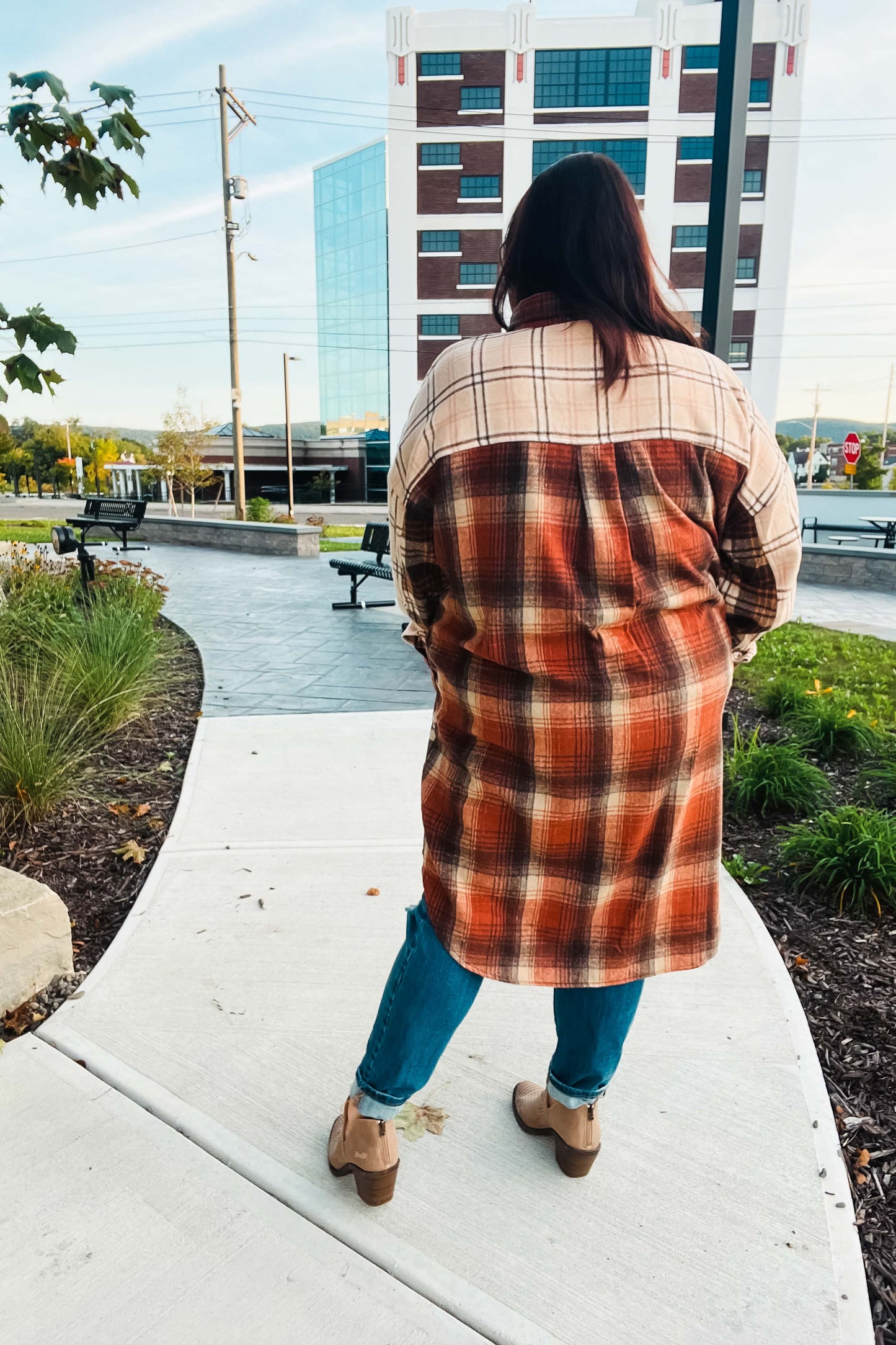 Rust & Taupe Color Block Plaid Longline Shacket