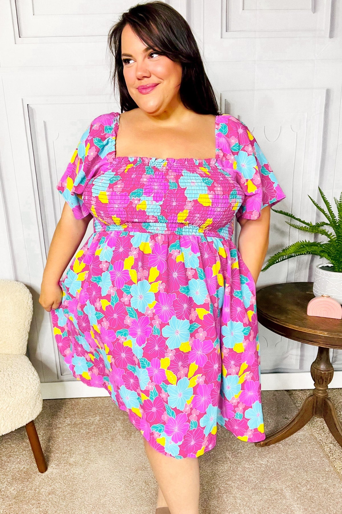 Fuchsia Floral Fit & Flare Smocked Dress