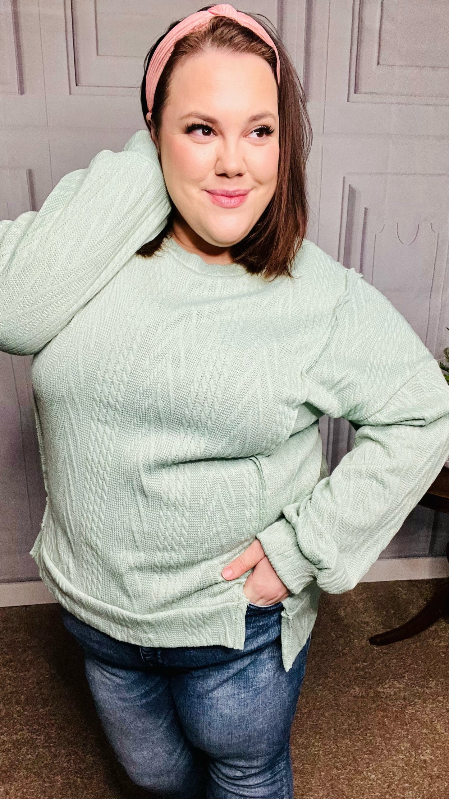 Sage Jacquard Cable Pullover Top