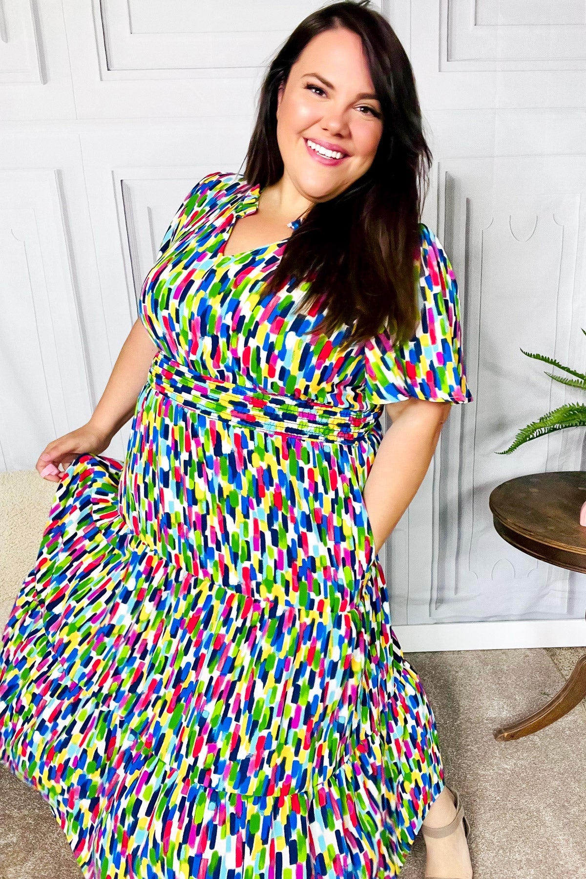 Navy Multicolor Abstract Smocked Waist Maxi Dress