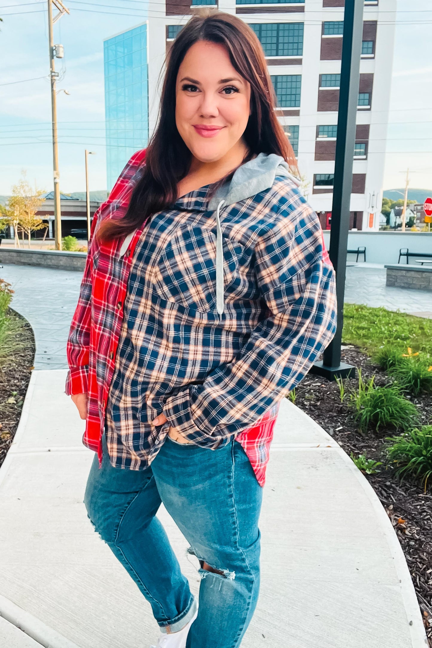 Red & Navy Plaid Color Block Hoodie Shacket