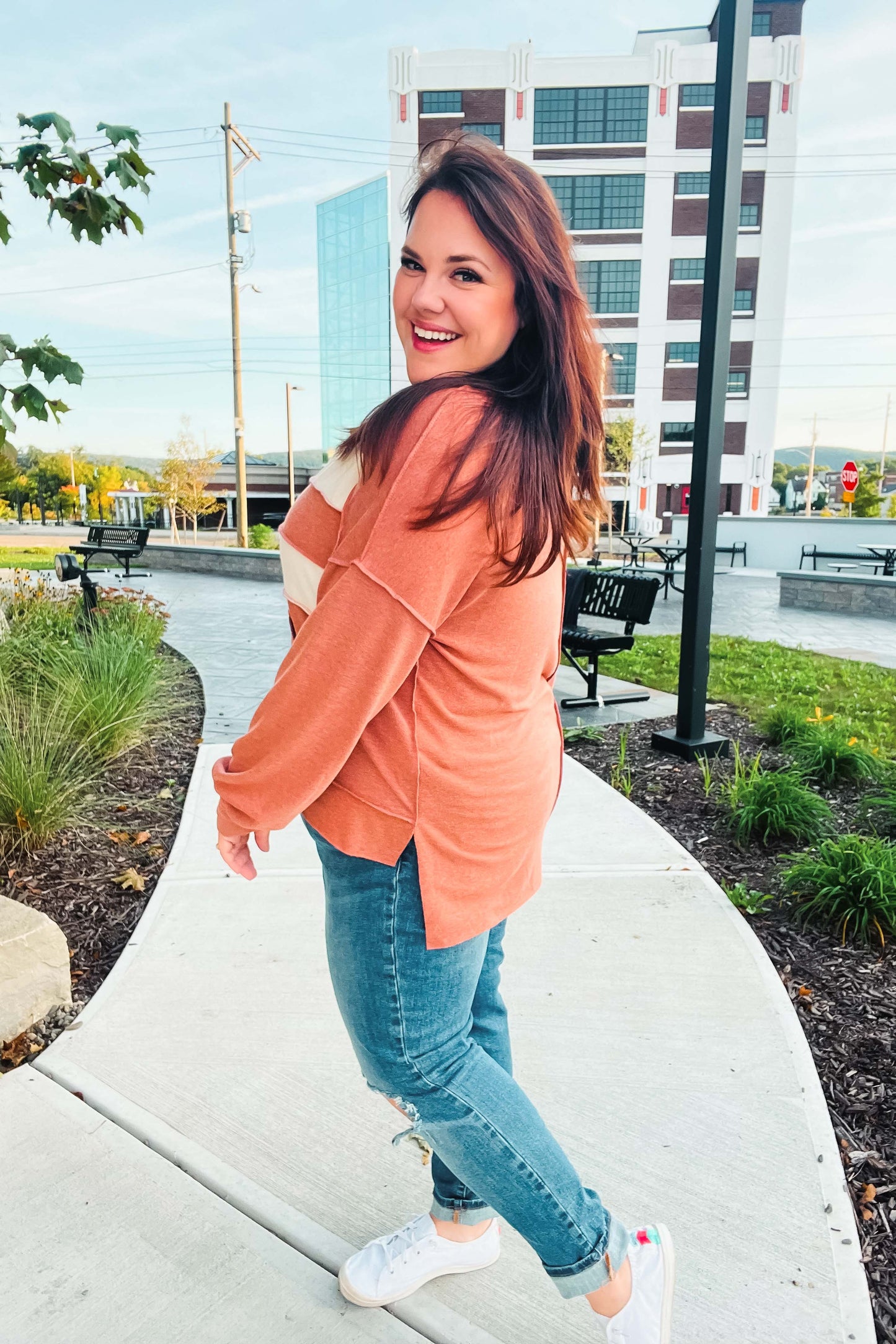 Rust Stripe Color Block French Terry Hoodie