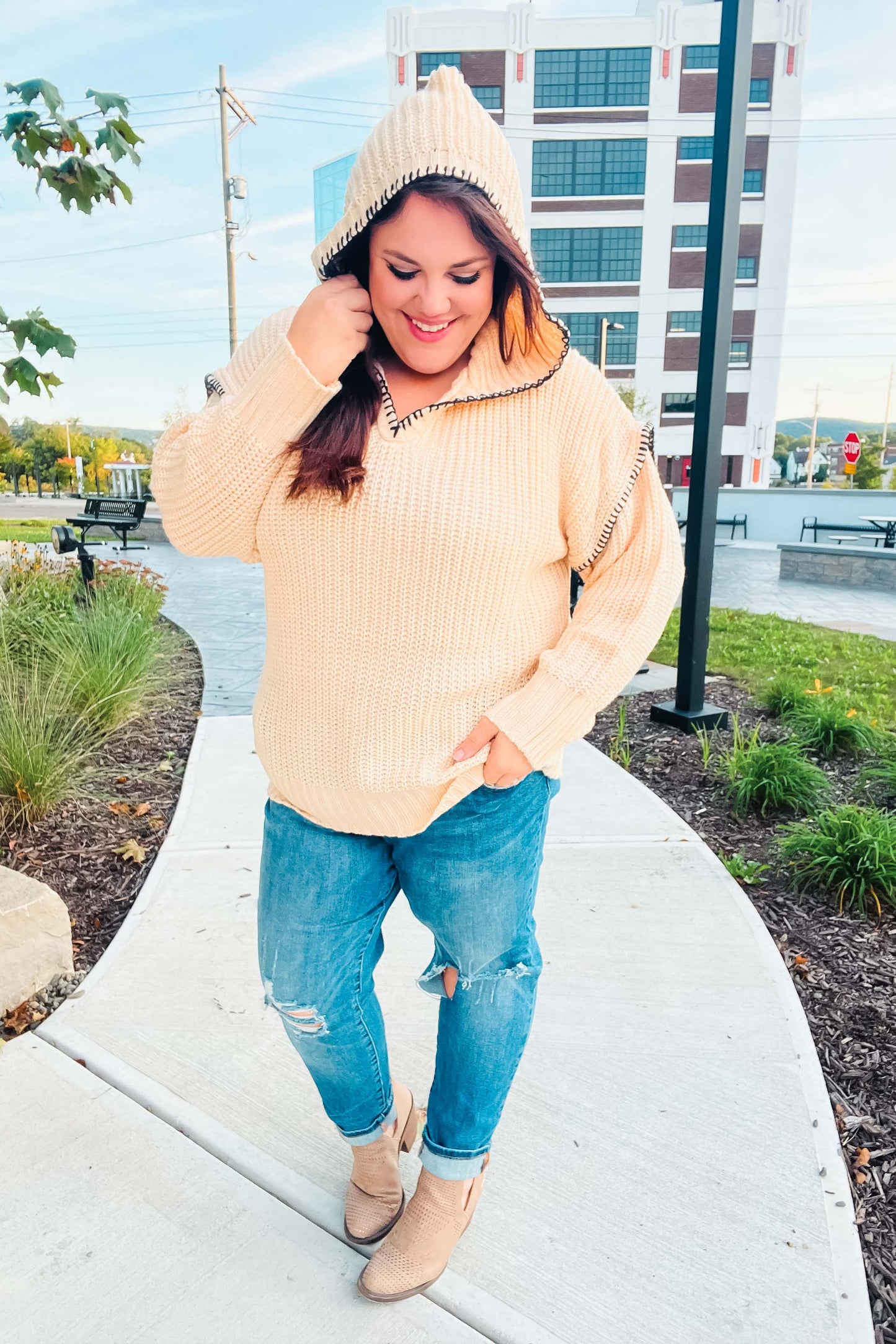 Oatmeal Contrast Stitch Hoodie Sweater