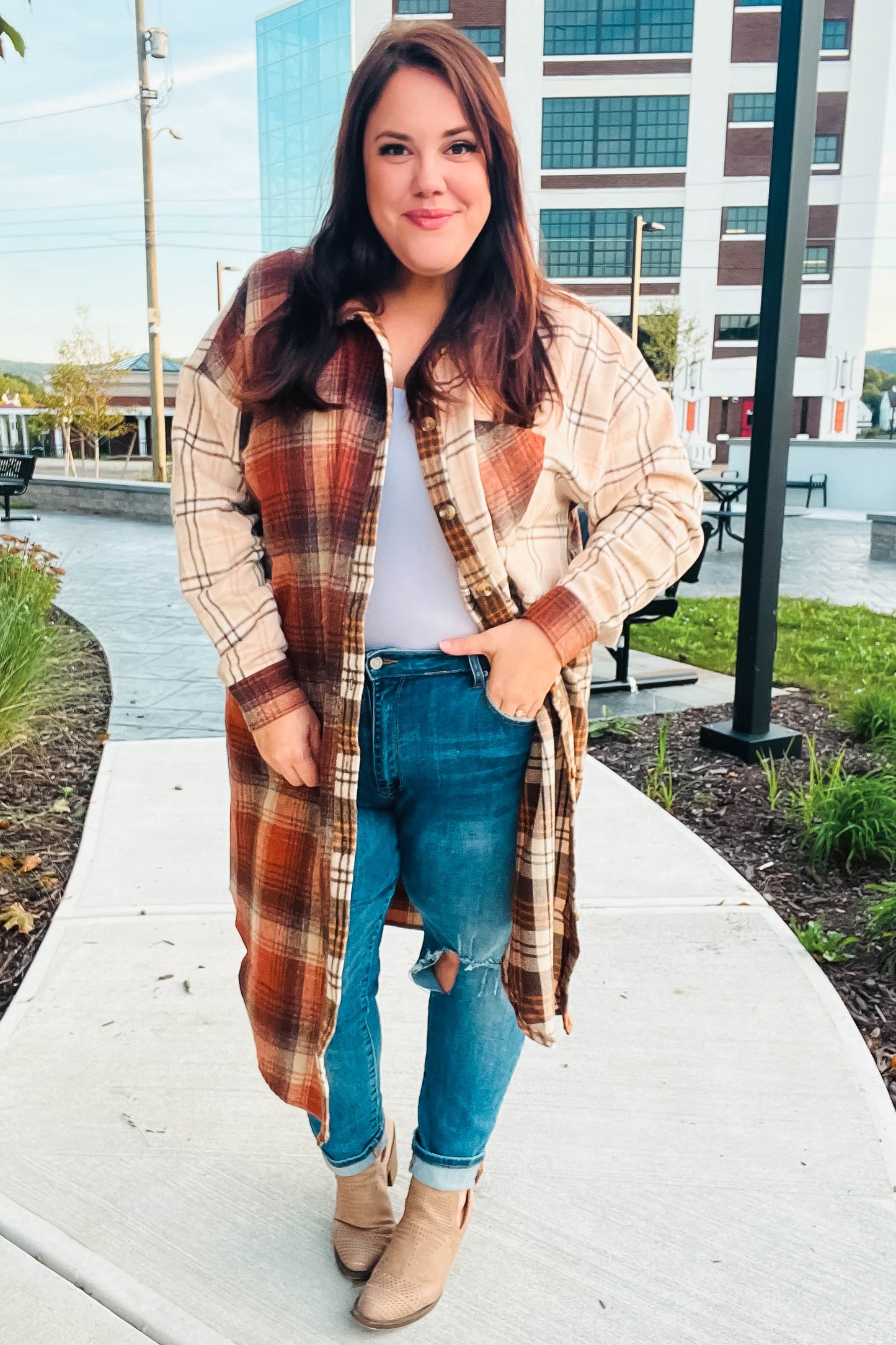 Rust & Taupe Color Block Plaid Longline Shacket