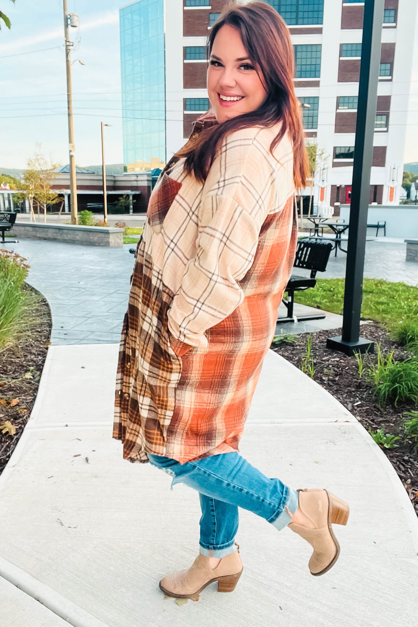 Rust & Taupe Color Block Plaid Longline Shacket