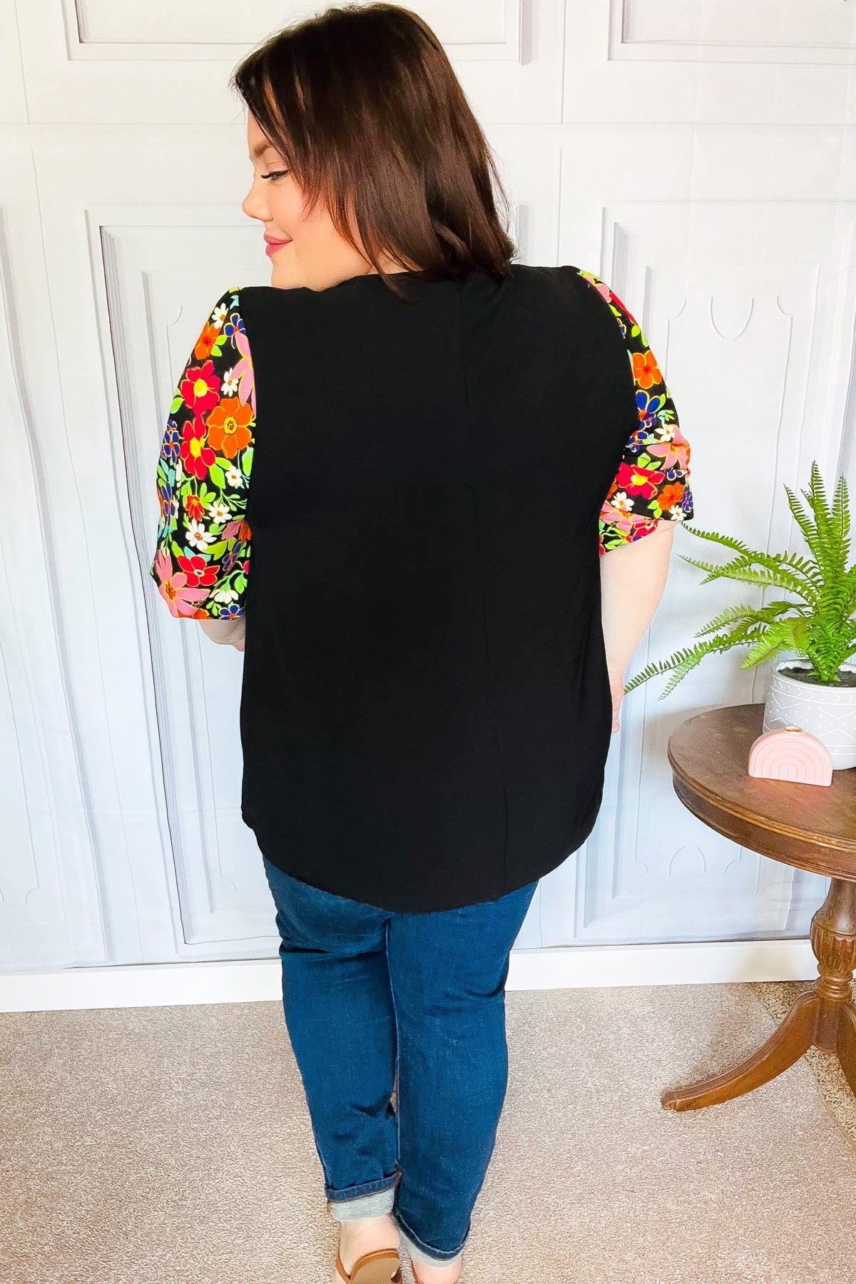 Black Floral Puff Sleeve V Neck Top