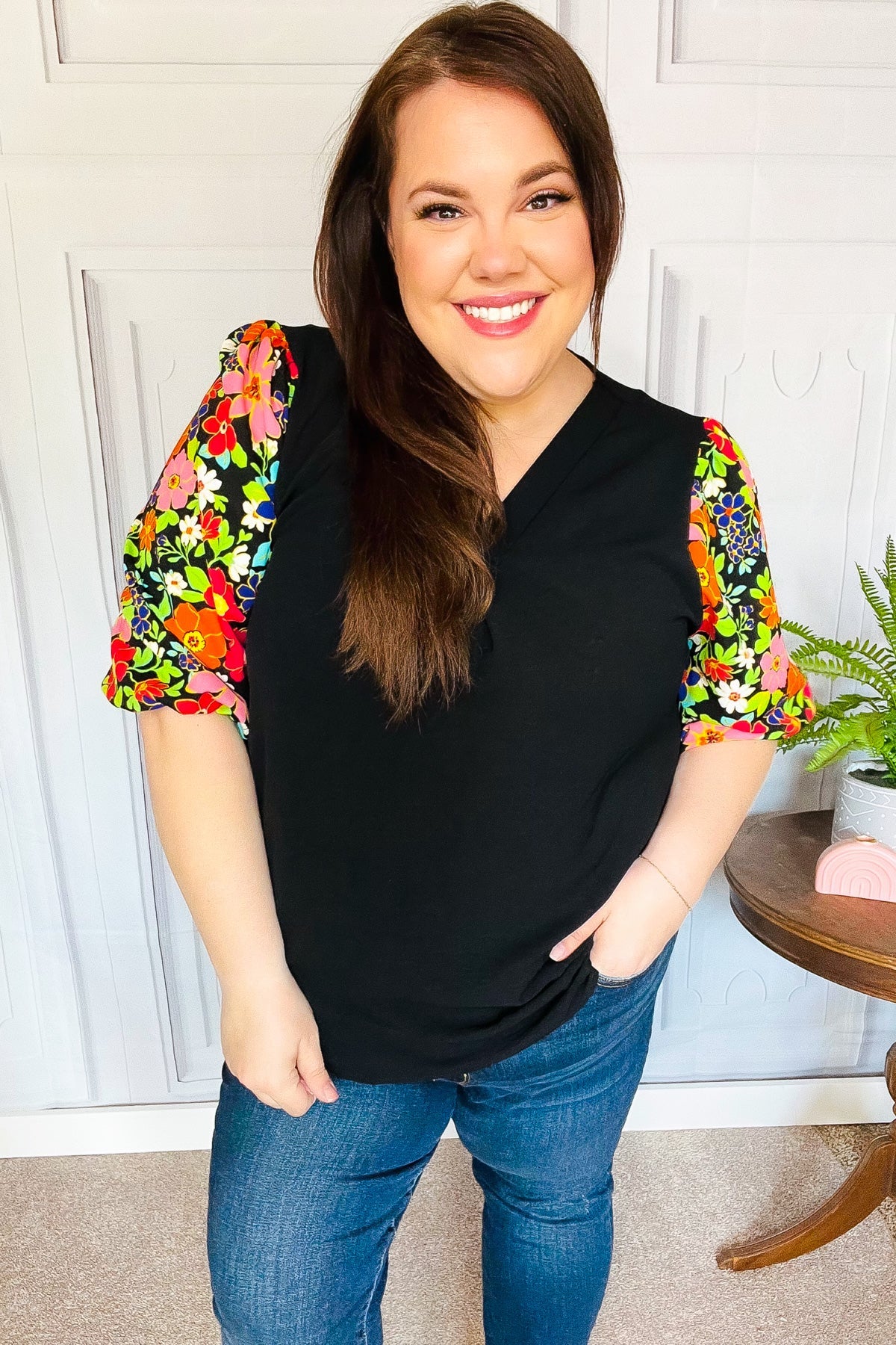 Black Floral Puff Sleeve V Neck Top