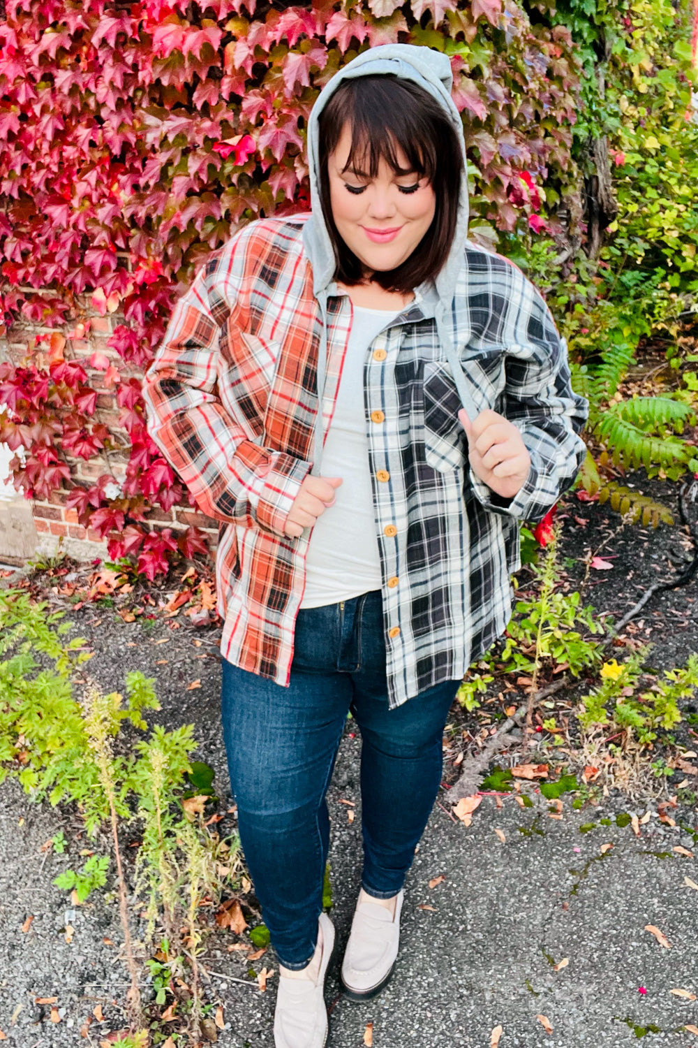 Rust & Charcoal Plaid Colorblock Hoodie Shacket