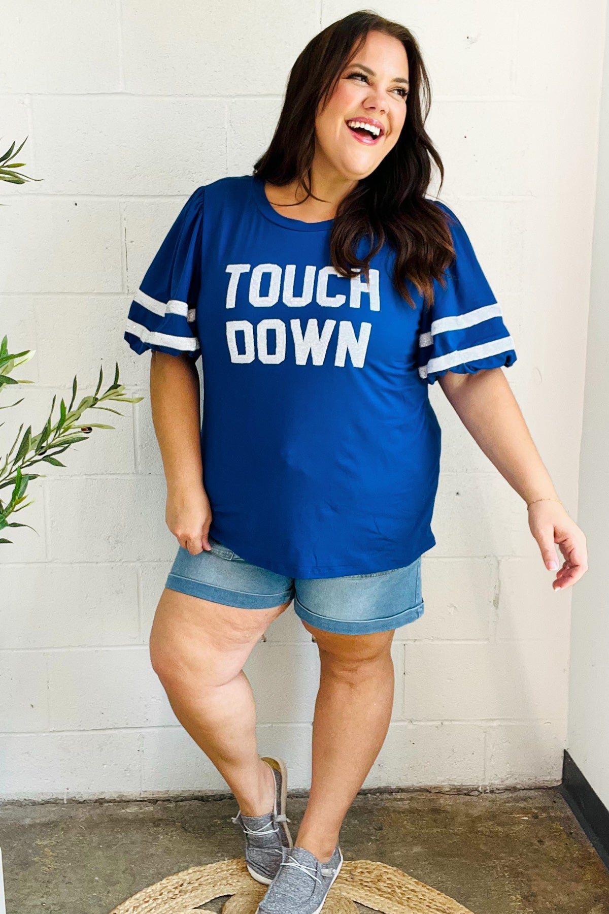 Blue "TOUCHDOWN" Sequin Bubble Sleeve Game Day Top